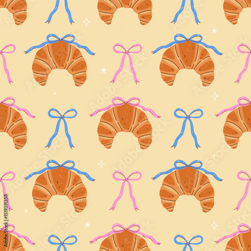 Seamless pattern of croissants and bows. Vector graphics.