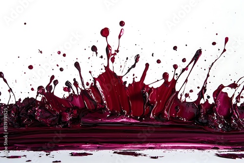 Ink splashes on top of layered crimson paint, blending together in a bold and intricate arrangement of textures on a white surface.