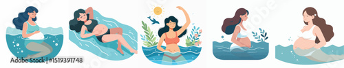 pregnant woman character vector swimming