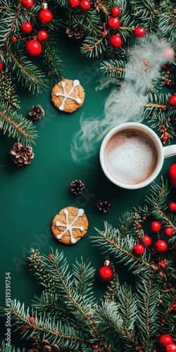 A hot cup of cocoa and cookies surrounded by festive greenery, pinecones, and red berries on a green background.