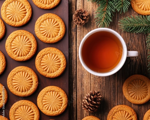 A cup of tea with patterned cookies on a rustic wooden table, surrounded by pinecones and evergreen branches.