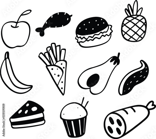 Hand Drawn Food Illustration Fruits Vegetables and Fast Food Doodles