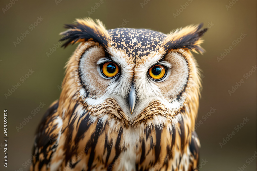 Close-up of an owl with intense yellow eyes and intricate feather details. Close-up of an owl with intense yellow eyes and intricate feather details.