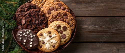 A plate of assorted chocolate cookies on a rustic wooden table, garnished with fir branches, perfect for a festive occasion.