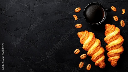 Fresh croissants, coffee cup, and coffee beans on a textured black background.