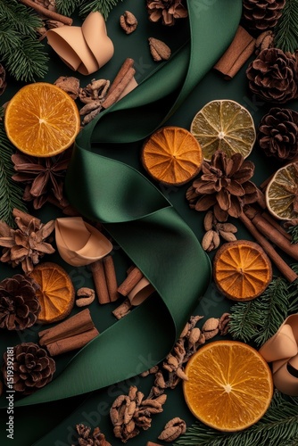 Festive arrangement of dried citrus, pinecones, cinnamon sticks, nuts, and a green ribbon on a dark background.