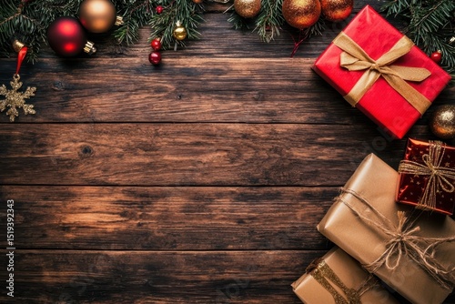 Festive Christmas gifts and ornaments arranged on rustic wooden table with evergreen branches and decorations.