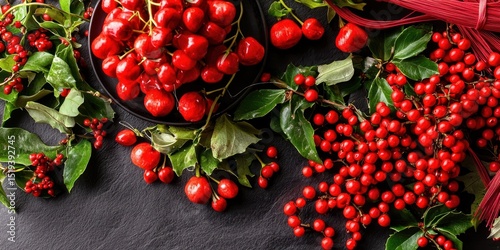 Bright red berries and glossy green leaves arranged on a dark surface, creating a festive and vibrant natural display.