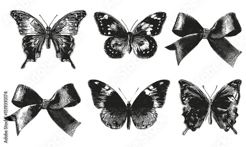 Y2k coquette vector illustration, bow ribbons, vintage stipple butterflies, monochrome photocopy elements, surreal gothic poster, grunge collage, alt style, fantasy girl aesthetic.
