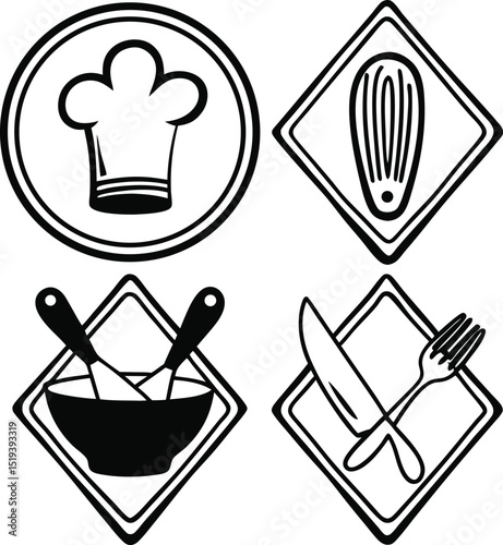 Black and White Culinary Icons Set Featuring Chef Hat Utensils and Tableware