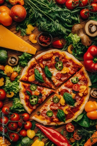 Delicious pizza surrounded by fresh vegetables, herbs, and cheese on a rustic wooden table.