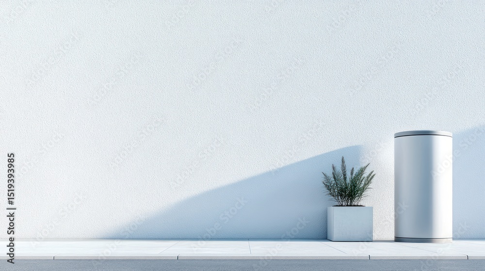 Obraz premium Minimalist scene of a white wall with a potted plant and a cylindrical container casting a shadow