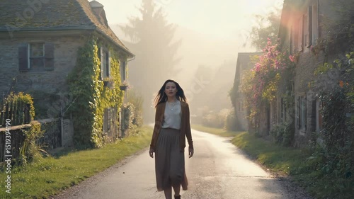 Peaceful Morning Walk in Misty Countryside Village – Serene Nature Scene
