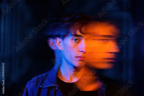 Portrait of a young man with multiple blurred and overlapping faces in blue and orange lighting, creating a surreal and contemplative mood