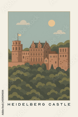 Flat Design Illustration of Heidelberg Castle in Germany Surrounded by Forest, Minimalist Travel Poster with Clear Sky and Elegant Color Palette