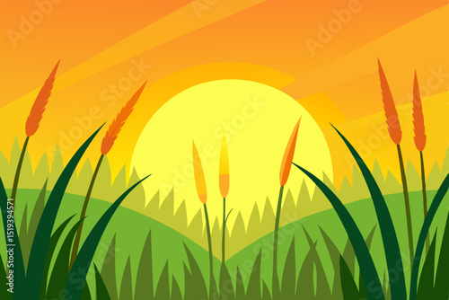 Green grass meadow with sun and blue sky, perfect for nature's spring and summer landscape