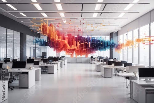 Modern office space with digital data visualization and analytics concept on display in a professional environment