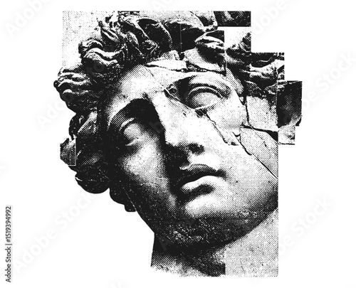 Vector illustration of surreal broken statue collage, ancient head with vintage stipple photocopy effect, trippy grainy texture, grunge tattoo concept, myth art, dreamy design, esoteric vibe.