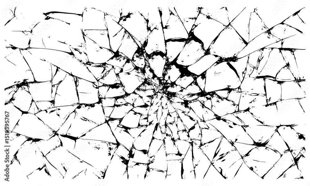 Cracked glass window, broken texture, grunge distressed wallpaper, punk rock background, damaged surface effect, vintage urban style, vector illustration, rough abstract pattern.