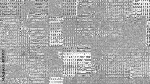 Animation Abstract Digital Glitch Art With Random Binary number Patterns And Distorted Grunge Visuals in Gray Scale for Color Overlay Softlight blending mode