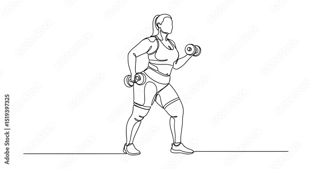 Plus-size woman exercising with dumbbells in a one line drawing Plus-size woman exercising with dumbbells in a one line drawing