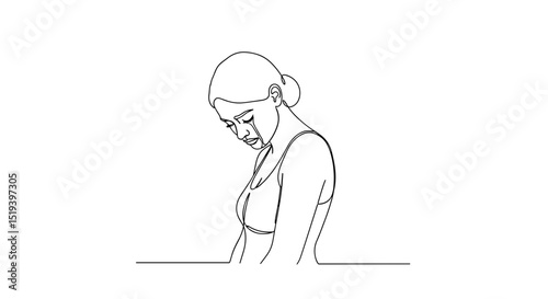 Sad woman with bowed head representing emotion in one line drawing  