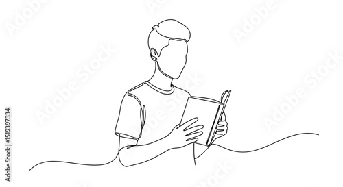 Young person reading a book in a minimalist one line drawing  