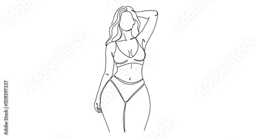 Curvy woman posing confidently in a minimalist one line drawing  