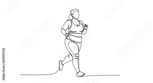 Plus-size woman jogging in a line drawing style  