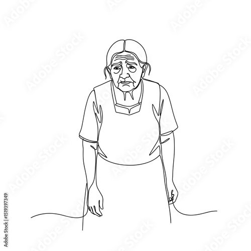Elderly Hispanic woman looking down with a sad expression, concept of one line drawing  