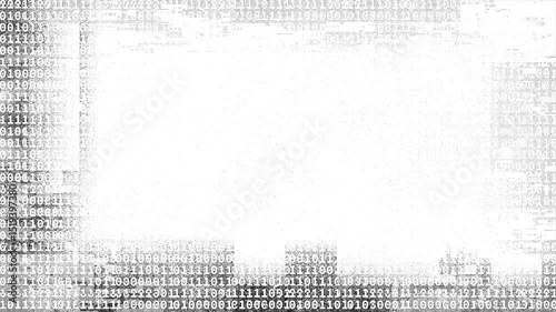 Abstract Video of Dirty and Grainy Textures Glitch Binary Number with Light grity Gradients in Monochrome on White Grunge Background