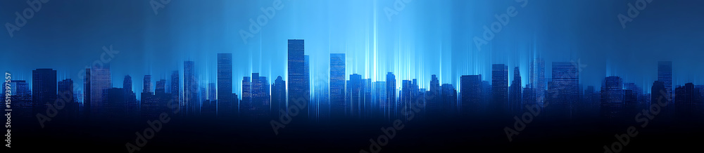 Obraz premium Blue gradient background, city skyline, skyscrapers, motion blur, blue light streaks, high-resolution photography.