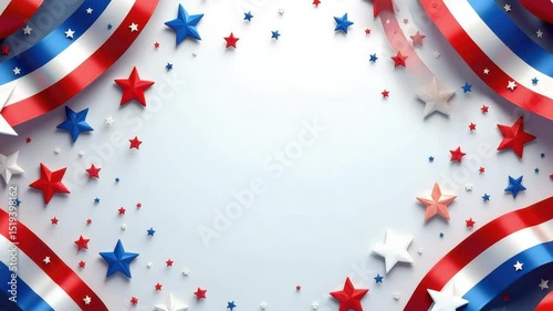 Decorative background with patriotic elements and red-blue ribbons. Celebrating Happy 4th of July in USA.