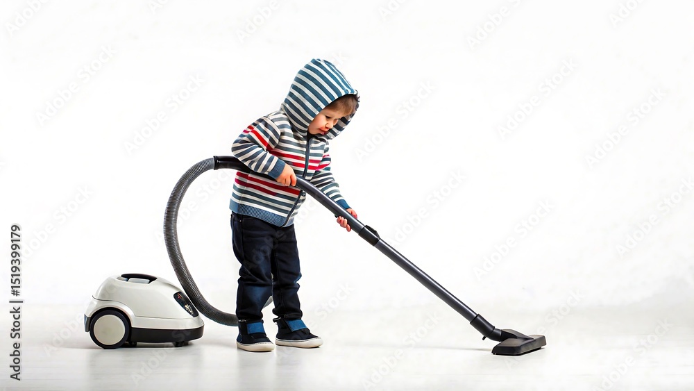 Obraz premium Little boy in striped hoodie using vacuum cleaner on white background, concept of child helping with household chores 