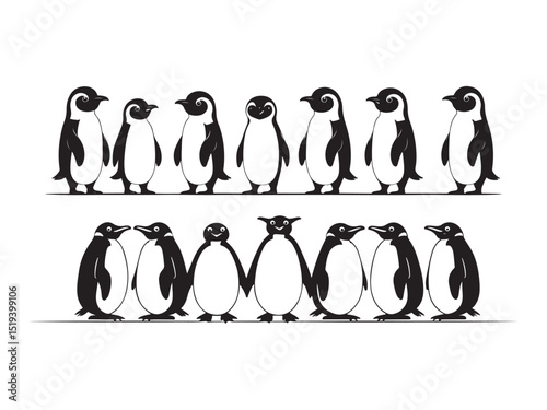 Adorable illustration of a penguin family in a row black and white simple design