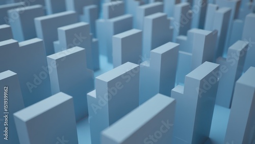 abstract close-up of uniformly shaped blue rectangular blocks arranged in a grid pattern creating a sense of depth and repetition
