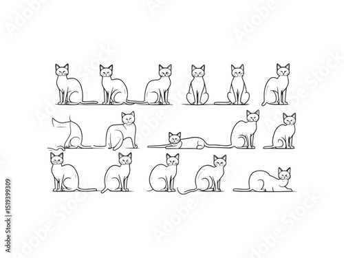 Collection of minimalist black and white cat poses and outlines with various sitting and lying positions