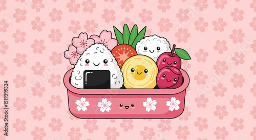 Cute Kawaii Japanese Bento Box with Happy Food Characters on Sakura Background