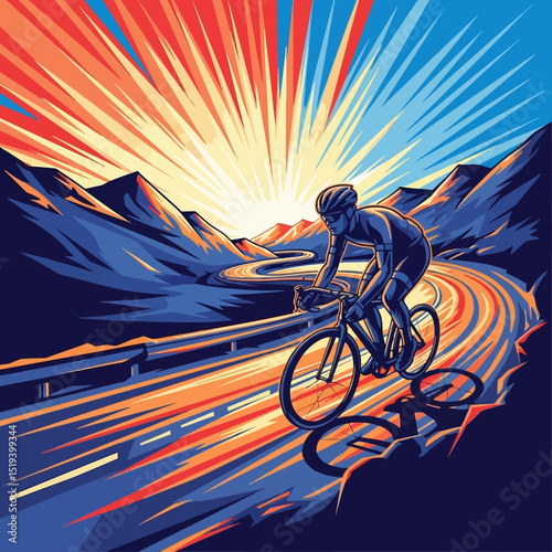 Cyclist on Mountain Road at Sunrise – Dynamic Colorful Illustration for Cycling Enthusiasts