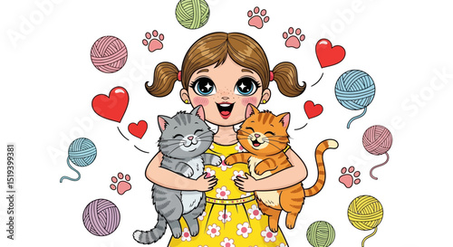 Cute Girl Hugging Cats – Adorable Cartoon Illustration of a Little Cat Mom