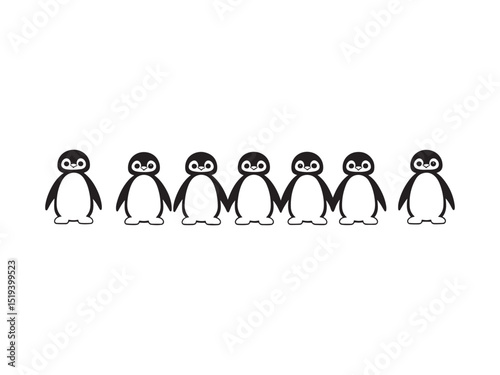 Seven cute penguins standing together holding hands in a line on a white background