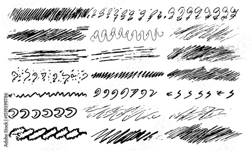 Children’s crayon and marker doodle, charcoal scribble stripes, bold paint shapes, handdrawn rouge scratches, vector illustration, horizontal waves, squiggles, artistic texture, graphic background.