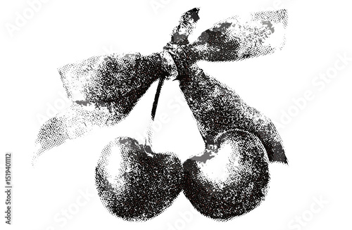 Cherry and bow ribbon with halftone stipple effect, grunge punk collage design, vector illustration in grainy photocopy texture, retro banner, experimental dotted style, vintage art.