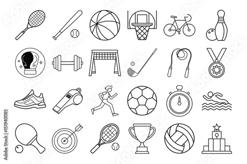 Collection of line art icons representing various sports and fitness activities