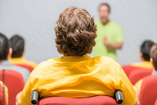 A man in a yellow shirt sits in a classroom with other people