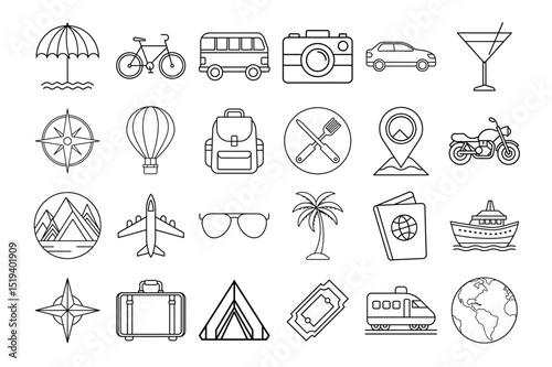 Collection of line icons representing travel vacation adventure tourism trip journey