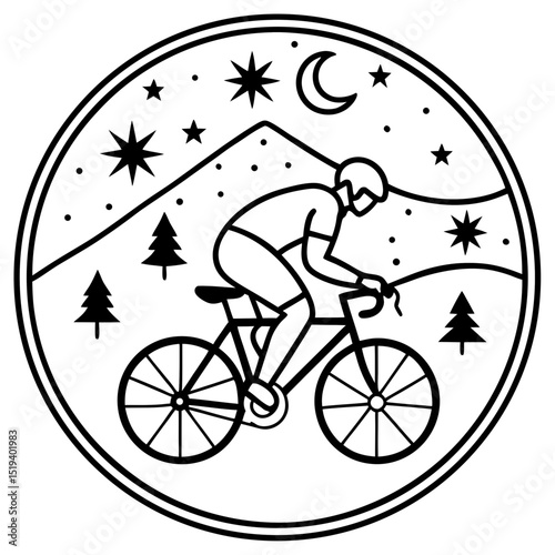 Minimalist Cyclist Under Starry Night – Vector on White
