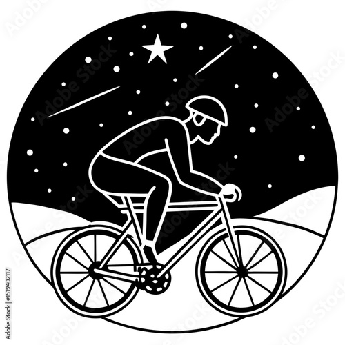 Minimalist Cyclist Under Starry Night – Vector on White