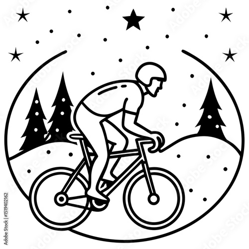 Minimalist Cyclist Under Starry Night – Vector on White