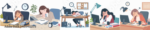 vector woman sleeping at work desk